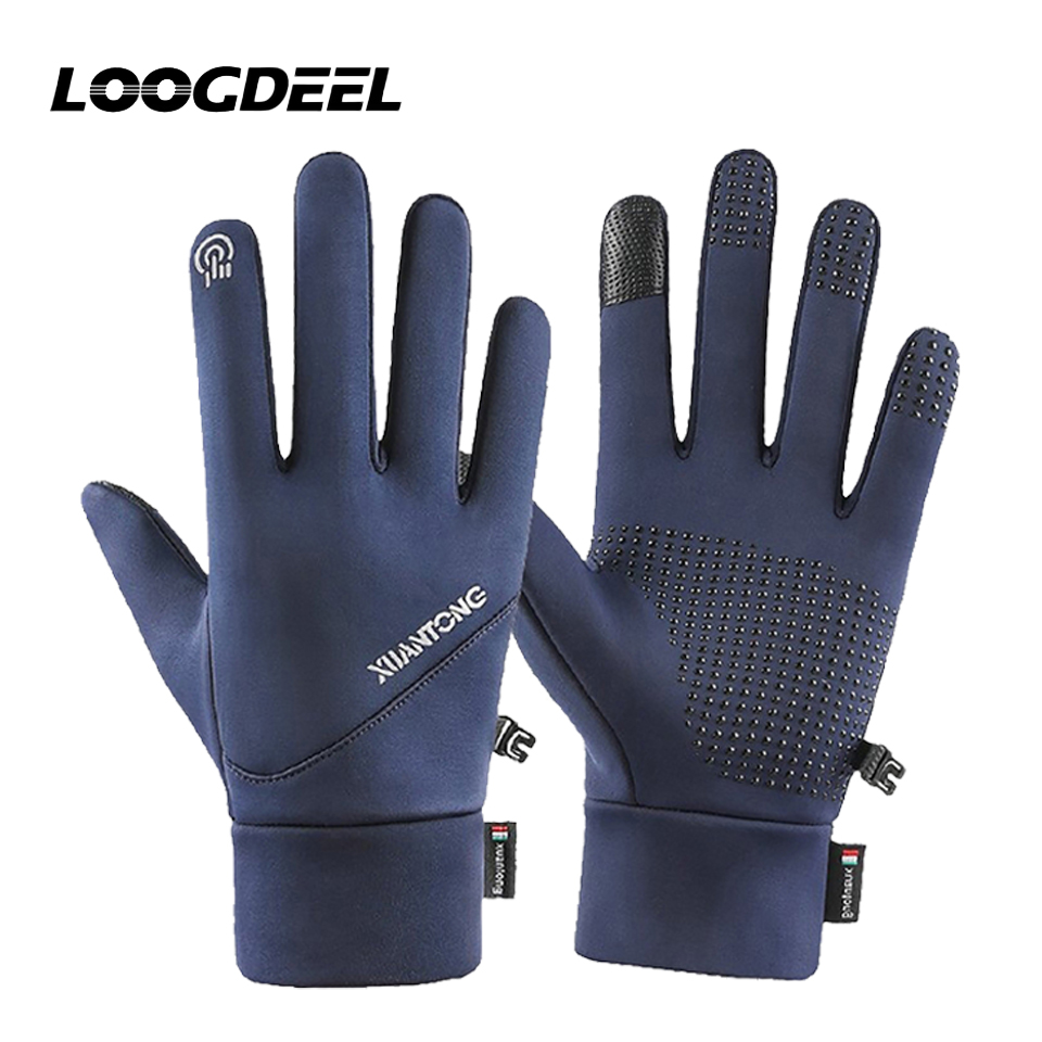 Ski Glove Waterproof - LOOGDEEL ถุงมือกันน้ำกันลื่นสำหรับวิ่งและเล่นสกี ถุงมือกีฬาสำหรับผู้ชาย กันลม ให้ความอบอุ่นด้วยผ้าฟลีซ ถุงมือปั่นจักรยาน