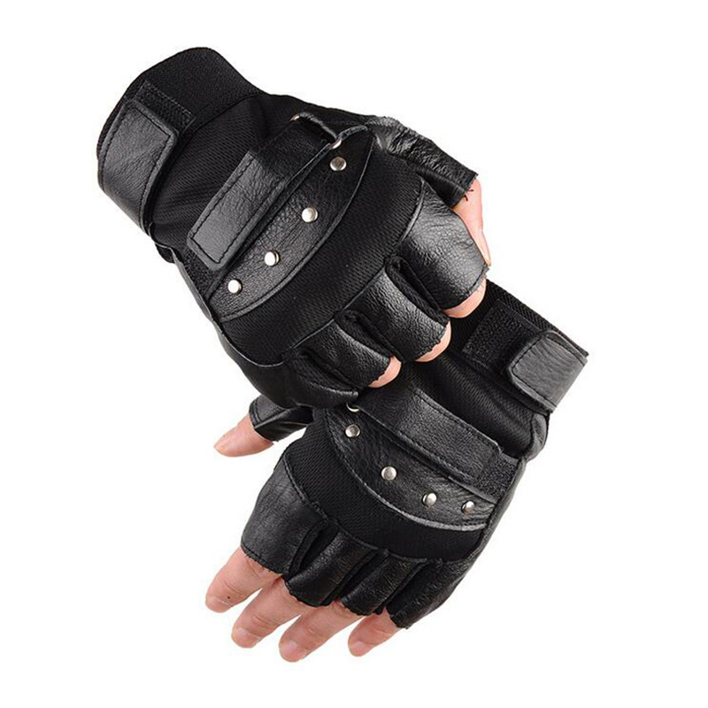 Workout Glove Gym - ถุงมือปั่นจักรยานถุงมือฟิตเนสหนังครึ่งนิ้วของผู้ชายถุงมือออกกำลังกายยิมสีดำผู้ชายพังค์ G135